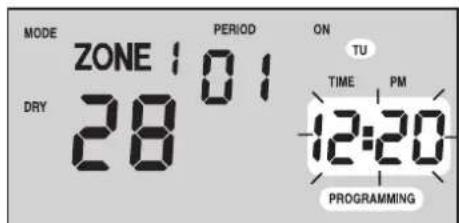 MODE ZONE 101 DRY 28 PERIOD ON TU TIME PM 12:20 PROGRAMMING
