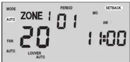 MODE AUTO ZONE 101 FAN 20 AUTO LOUVER AUTO PERIOD MO SETBACK AM 1:00