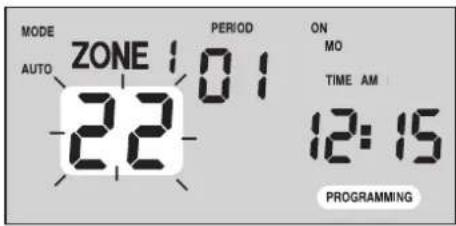 MODE AUTO ZONE 22 01 PERIOD ON MO TIME AM 12:15 PROGRAMMING