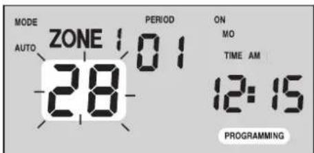 MODE AUTO ZONE 28 01 PERIOD ON MO TIME AM 12:15 PROGRAMMING