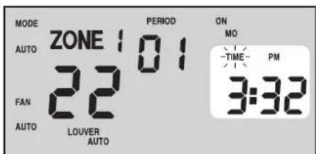 MODE AUTO ZONE 101 FAN 22 AUTO LOUVER AUTO PERIOD ON MO -TIME-PM 3:32
