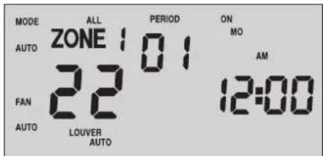 MODE ALL PERIOD ON AUTO ZONE 101 MO FAN 22 12:00 AUTO LOUVER AUTO