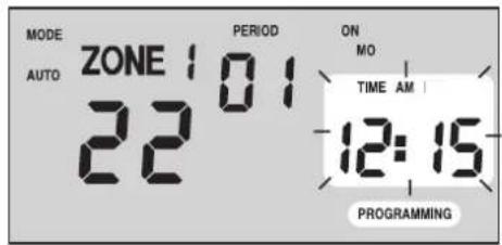 MODE AUTO ZONE 101 22 PERIOD ON MO TIME AM 12:15 PROGRAMMING