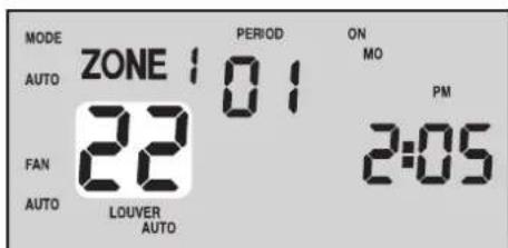 MODE AUTO ZONE 101 FAN 22 AUTO LOUVER AUTO PERIOD ON MO PM 2:05