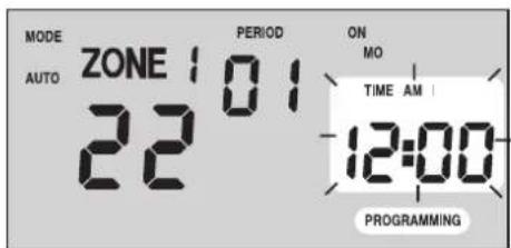 MODE AUTO ZONE 101 22 PERIOD ON MO TIME AM 12:00 PROGRAMMING