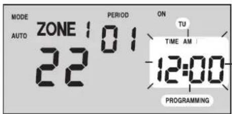 MODE AUTO ZONE 1 01 22 PERIOD ON TU TIME AM 12:00 PROGRAMMING