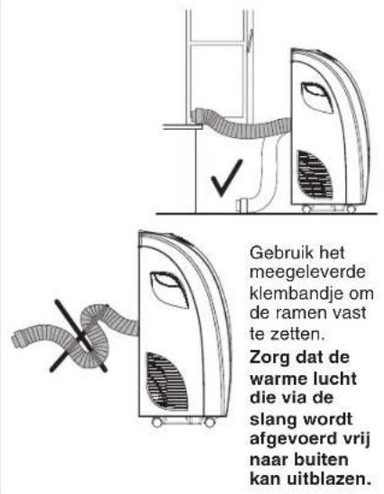 Gebruik het meegeleverde klembandje om de ramen vast te zetten. Zorg dat de warme lucht die via de slang wordt afgevoerd vrij naar buiten kan uitblazen.