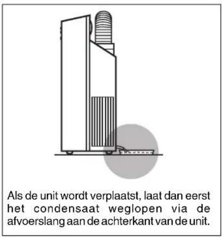 Als de unit wordt verplaatst, laat dan eerst het condensaat weglopen via de afvoerslang aan de achterkant van de unit.