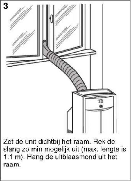 3 Zet de unit dichtbij het raam. Rek de slang zo min mogelijk uit (max. lengte is 1.1 m). Hang de uitblaasmond uit het raam.