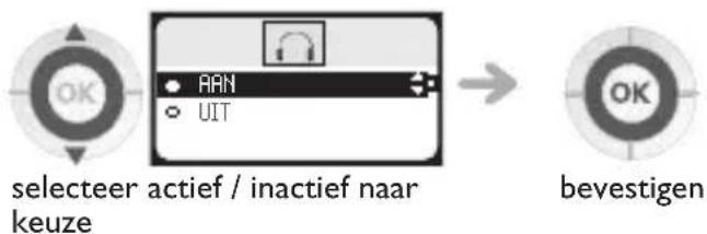 graph LR A["OK"] --> B["selecteer actief / inactief naar keuze"] B --> C["ABN"] B --> D["UIT"] C --> E["bevestigen"] D --> E
