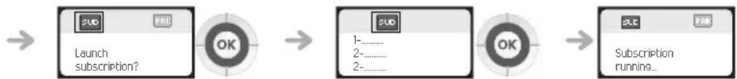 graph LR A["Launch subscription?"] --> B{OK} B --> C["1-......"] B --> D["2-......"] B --> E["2-......"] C --> F{OK} D --> F E --> F F --> G["2L"] G --> H["Subscription running..."]