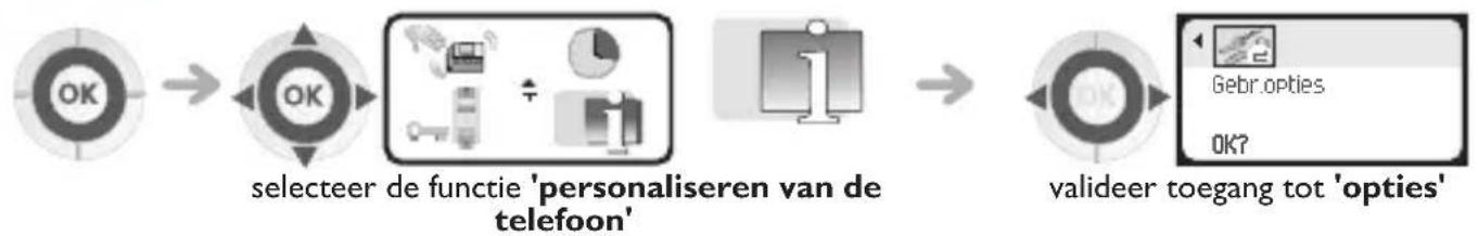 graph LR A["OK"] --> B["selecteer de functie 'personaliseren van de telefoon'"] B --> C["+"] C --> D["Bebr.opties"] D --> E["OK?"] E --> F["valdeer toegang tot 'opties'"]