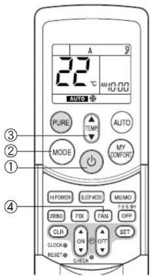 A 22 °C AM 10:00 AUTO ✝ PURE TEMP AUTO MODE MY COMFORT HI POWER SLEEP MODE MEMO 1:3:3.9H SWING FIX FAN OFF CLR ON SET CLOCK RESET CHECK ③ ② ① ④