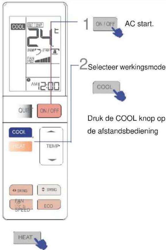 COOL SETTEMP 24 ON/OFF AC start. FAN 12:00 AM QUIET ON/OFF COOL HEAT TEMP SWING SWING FAN ECD SPEED ECO HEAT Selecteer werkingsmode COOL Druk de COOL knop op de afstandsbediening