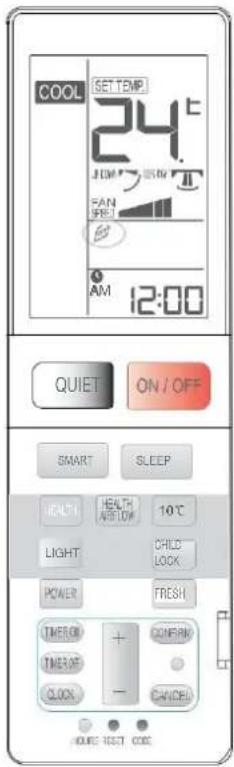 COOL SETTEMP. 24℃ LOW 50W FAN FRED AM 12:00 QUIET ON/OFF SMART SLEEP HEALTH HEALTH ASSET ON 10℃ LIGHT CHILD LOOK POWER FRESH TIMER ON CONFIRM TIMER OFF CLOCK CANCEL ON/OFF CODE