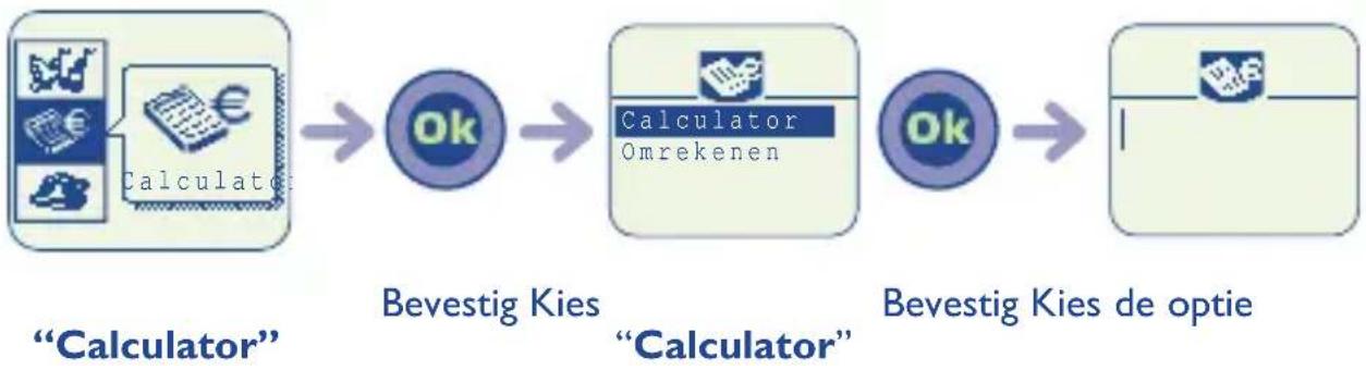 graph LR A["Calculator"] --> B["Ok"] B --> C["Calculator Omrekenen"] C --> D["Ok"] D --> E["Bevestig Kies de optie"]