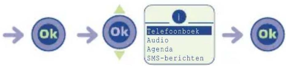 graph LR A["Ok"] --> B["Ok"] B --> C["Telefoonboek\nAudio\nAgenda\nSMS-berichten"]