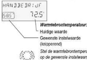 HANDBEGR:UF 585 72.5° Warmtebrontemperatuur: Huidige waarde Gewenste instelwaarde (knipperend) Stel de warmtebrontempera op de gewensle instelwaarde