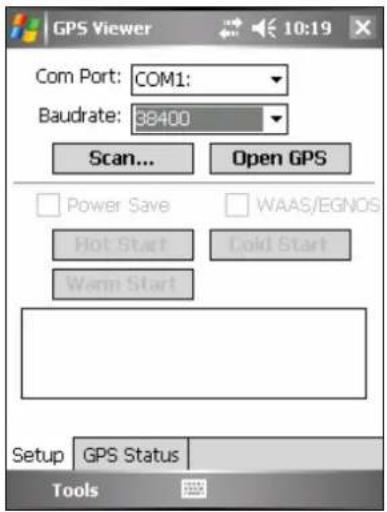 GPS Viewer 10:19 Com Port: COM1: Baudrate: 38400 Scan... Open GPS Power Save WAAS/EGNOS Hot Start Cold Start Warm Start Setup GPS Status Tools