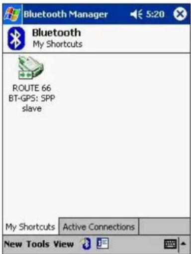 Bluetooth Manager 5:20 Bluetooth My Shortcuts ROUTE 66 BT-GPS: SPP slave My Shortcuts Active Connections New Tools View