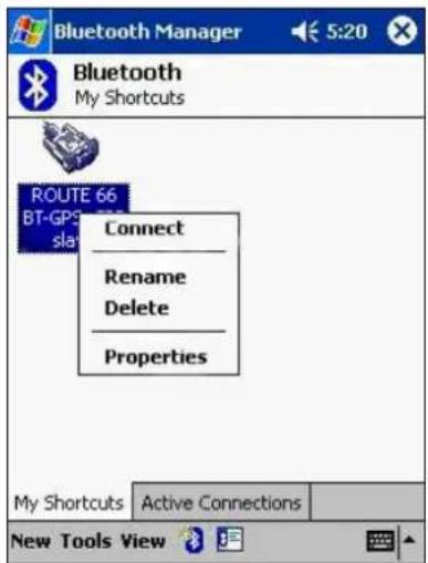 Bluetooth Manager 5:20 Bluetooth My Shortcuts ROUTE 66 BT-GPS sla Connect Rename Delete Properties My Shortcuts Active Connections New Tools View