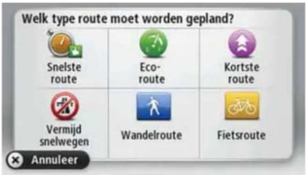 Welk type route moet worden gepland? Snelste route Eco- route Kortste route Vermijd snelwegen Wandelroute Fietsroute Annuleer