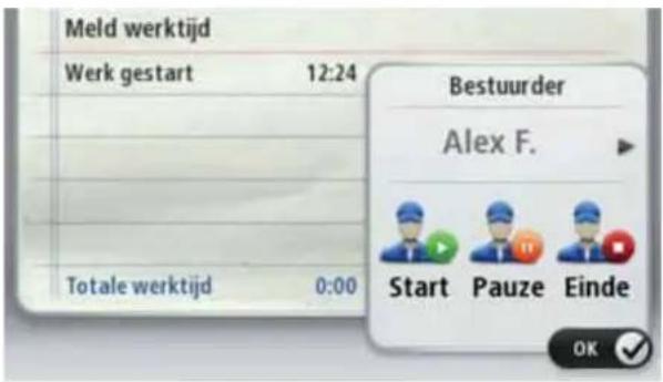 Meld werktijd Werk gestart 12:24 Totale werktijd 0:00 Bestuurder Alex F. Start Pauze Einde OK ✓