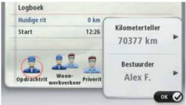 Logboek Huidige rit 0 km Start 12:26 Opdrachtrit Woon- werkverkeer Privérit Kilometerteller 70377 km Bestuurder Alex F. OK ✓