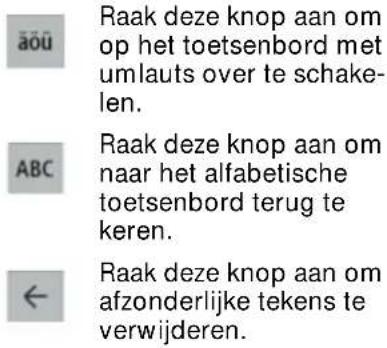 aōu Raak deze knop aan om op het toetsenbord met umlauts over te schakelen. ABC Raak deze knop aan om naar het alfabetische toetsenbord terug te keren. ← Raak deze knop aan om afzonderlijke tekens te verwijderen.