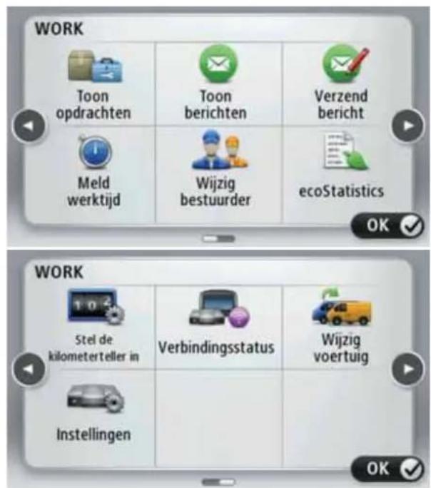 WORK Toon opdrachten Toon berichten Verzend bericht Meld werktijd Wijzig bestuurder ecoStatistics OK ✓ WORK Stel de kilometerteller in Verbindingsstatus Wijzig voertuig Instellingen OK ✓