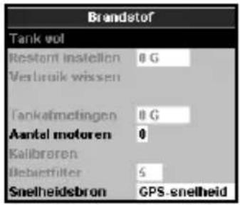 Brandstof Tank vol Restort instellen 0 G Verbruik wissen Tankafmetingen 0 G Aantal motoren 0 Kalibrøren Ilebetfilter 5 Snelheidsbron GPS-snelheid