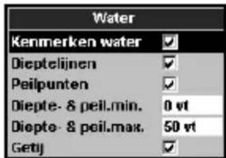 Water Kenmerken water Dieptelijnen Peilpunten Diepte- & peil.min. 0 vt Diepte- & peil.max. 50 vt Gety