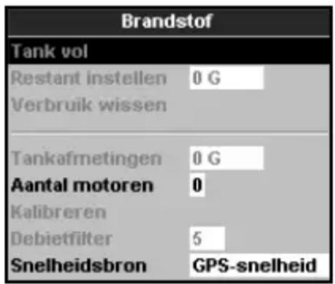 Brandstof Tank vol Restant instellen 0 G Verbruik wissen Tankafmetingen 0 G Aantal motoren 0 Kalibreren Debietfilter 5 Snelheidsbron GPS-snelheid