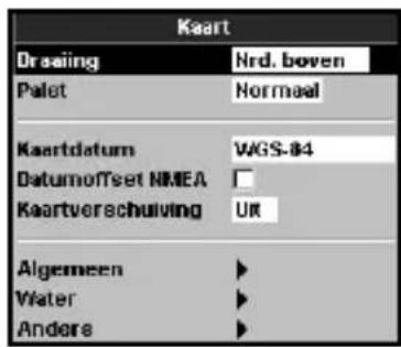 Kaart Draating Nrd. boven Palet Normaal Kaartdatum WGS-84 Datumoffset NMEA Kaartverschulving UR Algemeen Water Andere