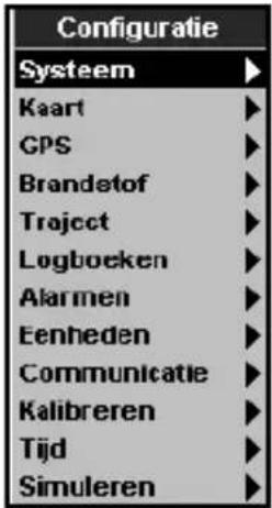 Configuratie Systeem Kaart GPS Brandetof Traject Logboeken Alarmen Eenheden Communicatie Kalibreren Tijd Simuleren