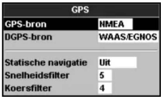 GPS GPS-bron NMEA DGPS-bron WAAS/EGNOS Statische navigatie Uit Snelheidsfilter 5 Koersfilter 4