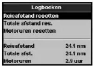 Logbocken Reisafstand resetten Totale afetand res. Motoruren recetten Reisafstand 24.1 nm Totale afst. 24.1 nm Motoruren 2.9 uur