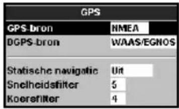 GPS GPS-bron HMEA DGPS-bron WAAS/EGNOS Statische navigatic Uit Snelheidsfilter 5 Koerefilter 4