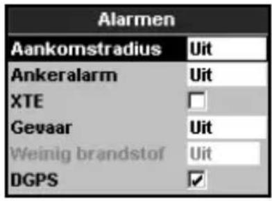 Alarmen Aankomstradius Uit Ankeralarm Uit XTE □ Gevaar Uit Weinig brandstof Uit DGPS ✓