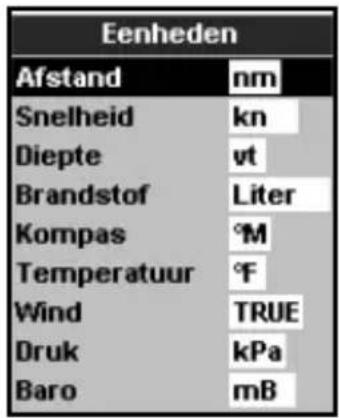 Eenheden Afstand nm Snelheid kn Diepte vt Brandstof Liter Kompas °M Temperatuur °F Wind TRUE Druk kPa Baro mB