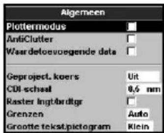 Algemeen Plottermodus AntiClutter Waardeloevoegende data Geproject. koers CDI-schaal Raster Ingtdardtgr Grenzen Grootte tekst pictogram Uit 0,6 nm Auto Klein