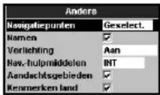 Andere Navigatiepunten Geselect. Namen ✓ Verlichting Aan Nav.-hulpmiddelen(INT Aandachtsgebieden ✓ Kenmerken land ✓