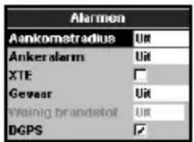 Alarmen Aankomstradius Ük Anker alarm Ük XTE □ Gevaar Ük Weinig brandstof Ük DGPS ✓