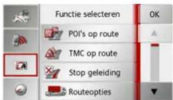 Functie selecteren POI's op route TMC op route Stop geleiding Routeopties OK