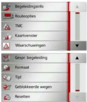 Begeleidingsinfo Routeopties TMC Kaartvenster Waarschuwingen Gespr. begeleiding Formaat Tijd Geblokkeerde wegen Resetten