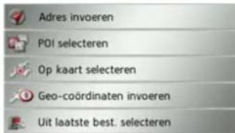 Adres invoeren POI selecteren Op kaart selecteren Geo-coördinaten invoeren Uit laatste best. selecteren