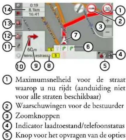 14 0:19 8.1km 16:41 13 12 11 60m leiniegestrassen 5 7 6 1 2 3 4 5 10 9 8 ① Maximumsnelheid voor de straat waarop u nu rijdt (aanduiding niet voor alle straten beschikbaar) ② Waarschuwingen voor de bestuurder Zoomknoppen ③ Indicator laadtoestand/telefoonstatus ④ Knop voor het opvragen van de opties