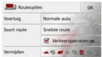Routeopties Voertuig Normale auto Soort route Snelste route Verkeerspatronen ge... Vermijden