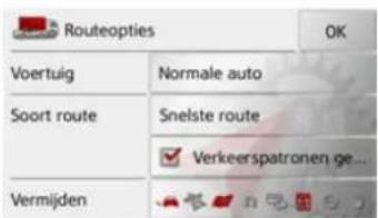 Routeopties Voertuig Normale auto Soort route Snelste route Verkeerspatronen ge... Vermijden