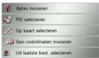 Adres invoeren POI selecteren Op kaart selecteren Geo-coördinaten invoeren Uit laatste best. selecteren